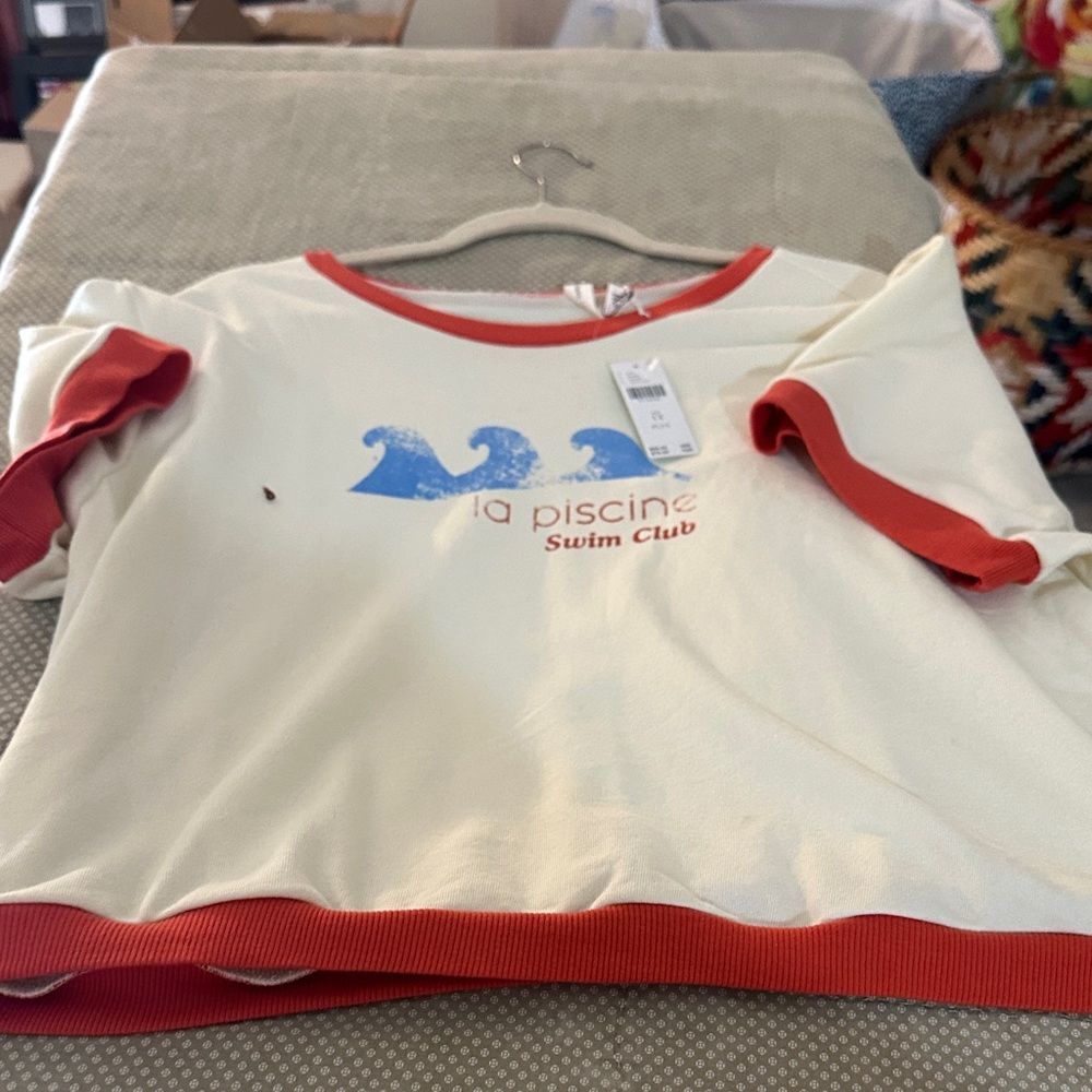 La Piscine Cream Short Sleeve Tee with Coral Trim